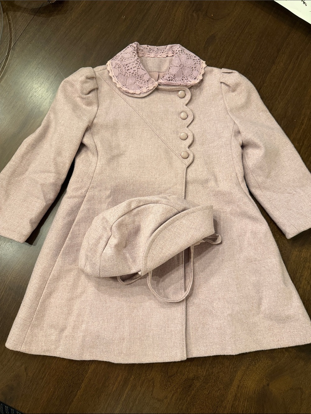 Rothschild Girls' Light Pink Lace-Collar Pea Coat with Matching Hat